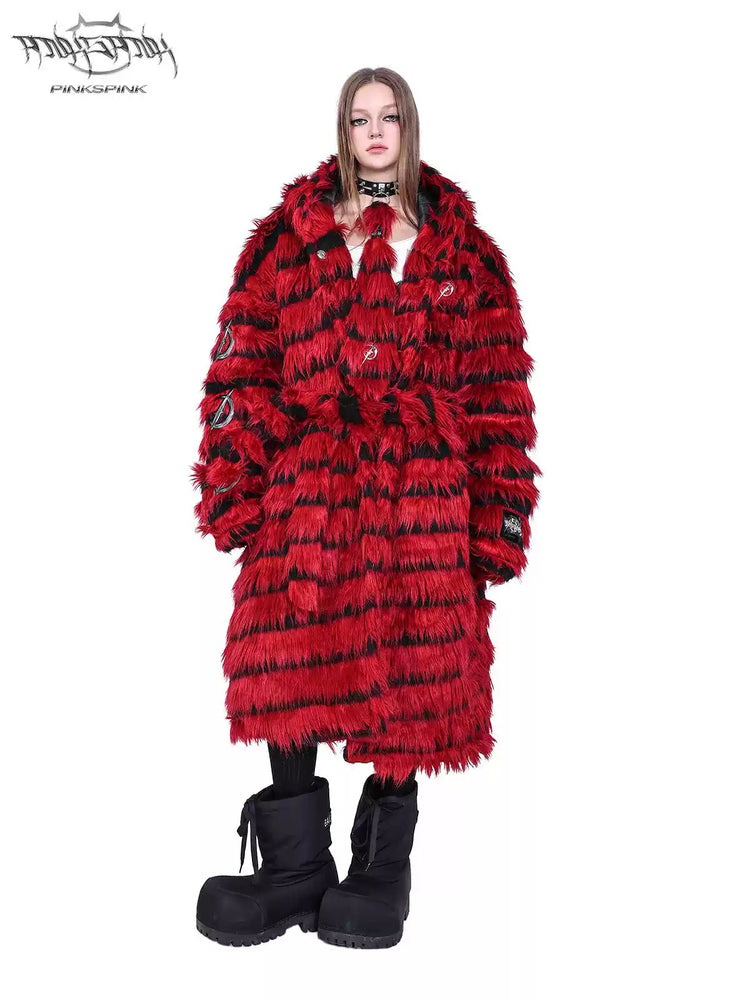PINKSPINK ELECTRIC MOON black-red faux-fur studded collar — modeled front styling view