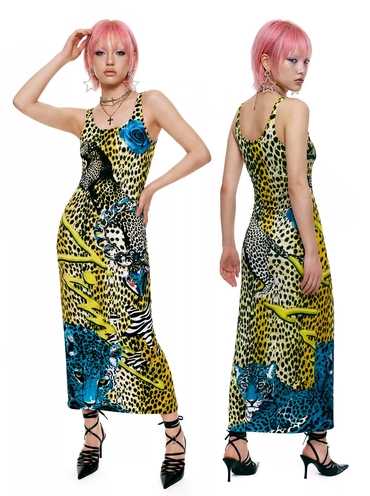 DEADENDKIDS LEOPARD ROSE fitted tank maxi dress — alternate product presentation