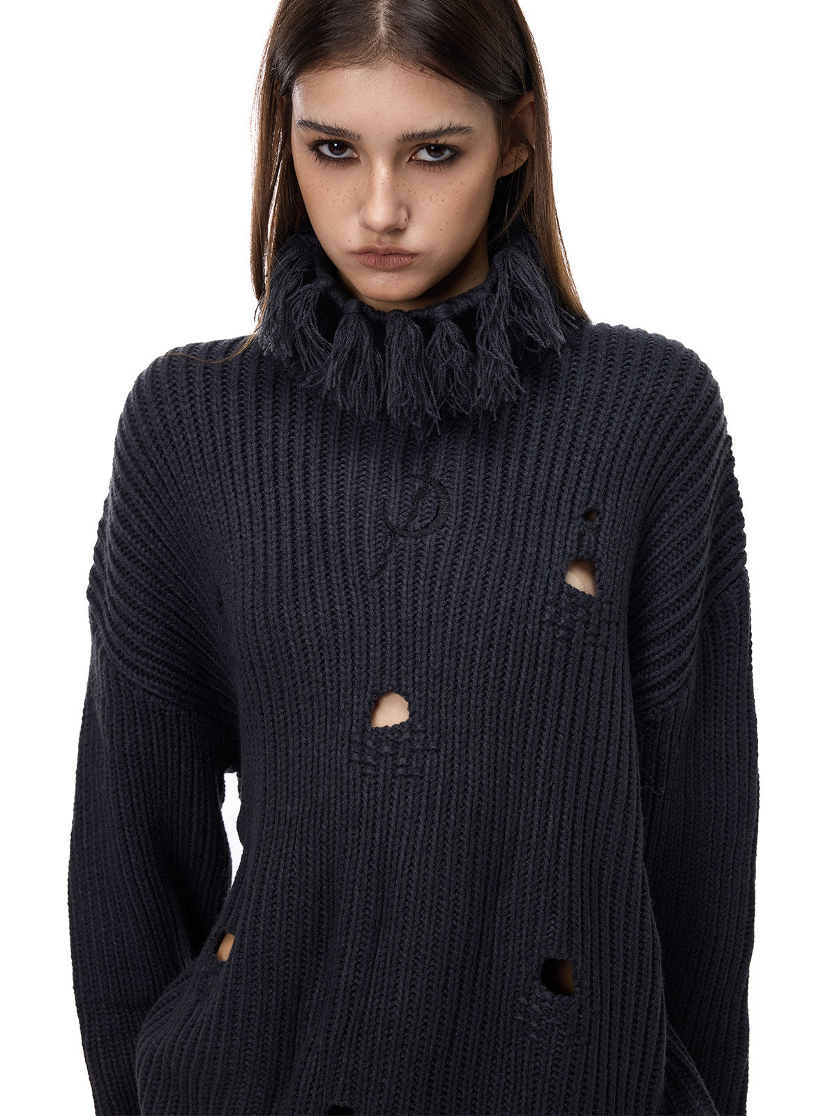 PINKSPINK ELECTRIC MOON distressed high-neck sweater — dark gray neckline and knit detail