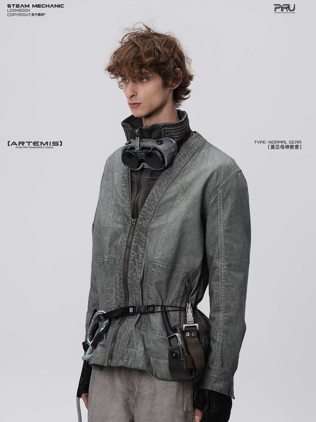 GAIA meteor gray open-collar technical robe — alternate modeled angle