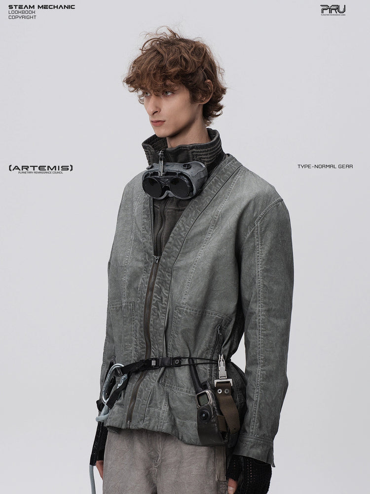 GAIA meteor gray open-collar technical robe — three-quarter front modeled view facing left