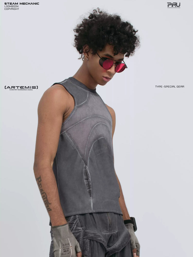 AEGIS stellar blue distressed mesh tank top — side three-quarter modeled view looking down