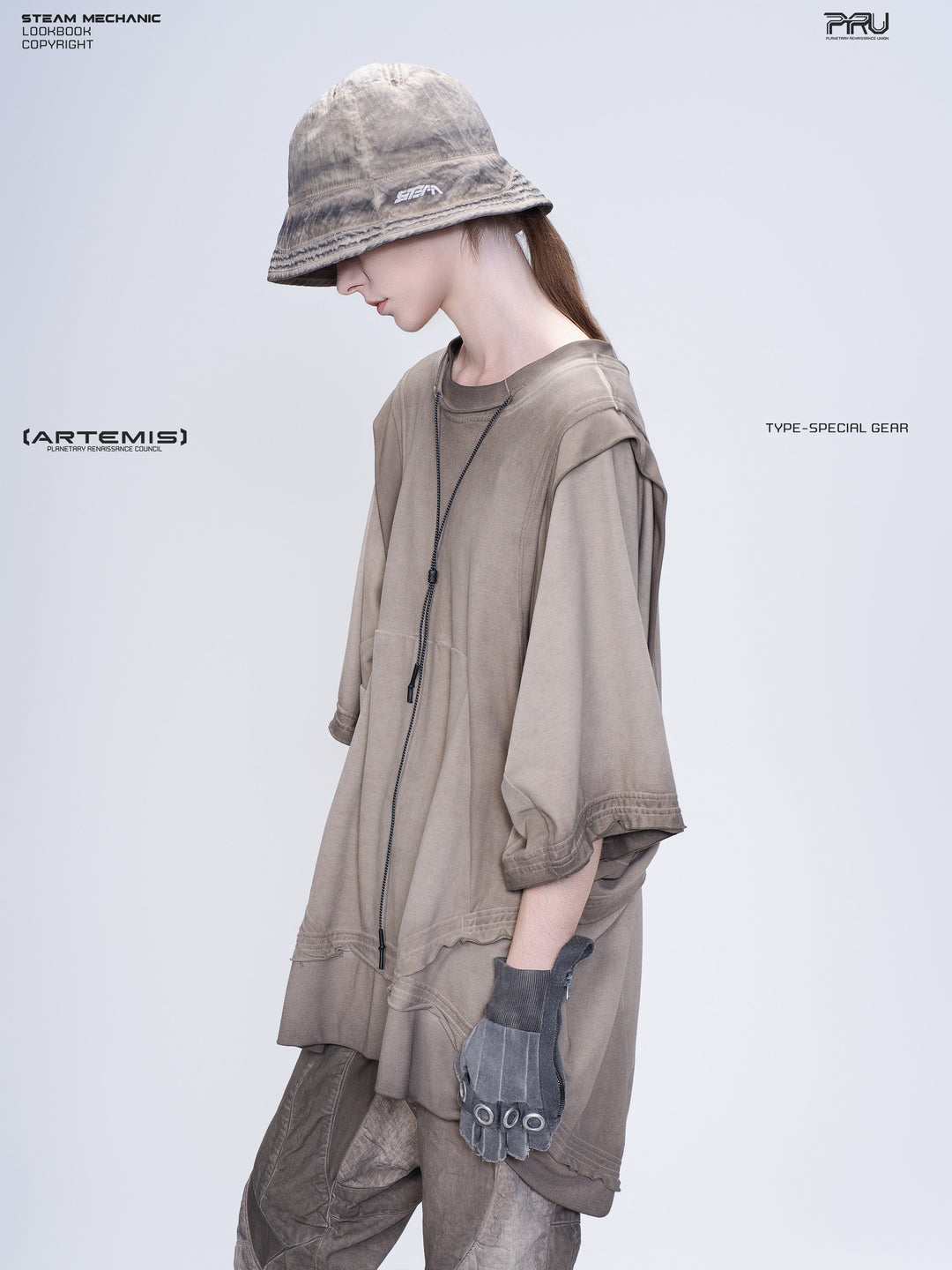 SUPERNOVA mercury brown convertible drawstring technical tee — modeled side close view looking downward, showing the draped sleeve