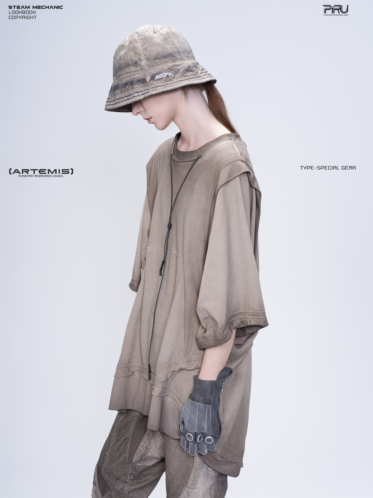 SUPERNOVA mercury brown convertible drawstring technical tee — modeled side close view looking downward, showing the draped sleeve