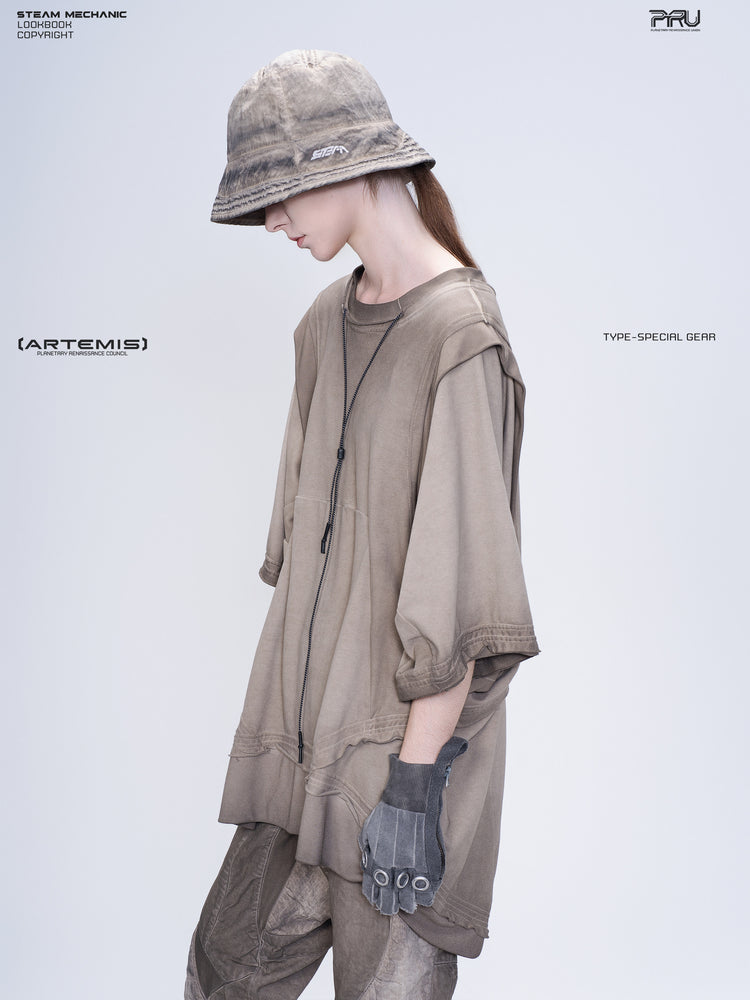 SUPERNOVA mercury brown convertible drawstring technical tee — modeled side close view looking downward, showing the draped sleeve