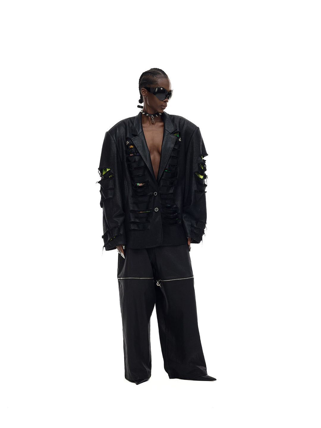 PINKSPINK BREACH distressed coated oversized blazer in black — angled full-length front modeled view with the blazer buttoned