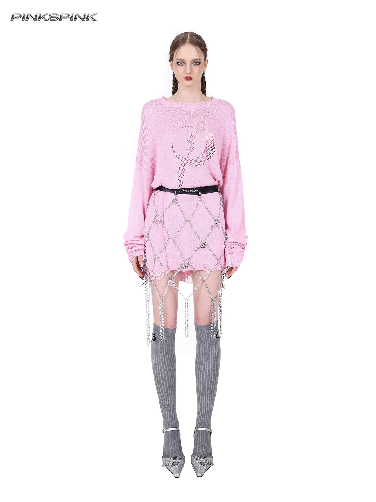 PINKSPINK ELECTRIC MOON diamond-chain belt skirt in black and silver — full-length front styling over a pink knit showing the trailing chain lengths