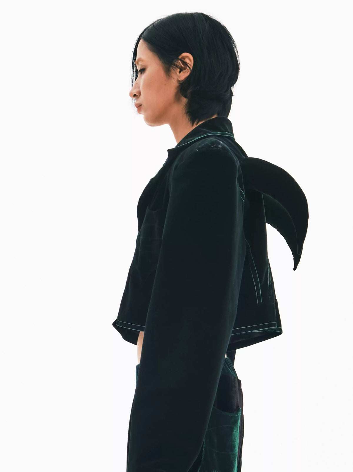 EMBRYO GREEN HORN cropped velvet blazer — front modeled view