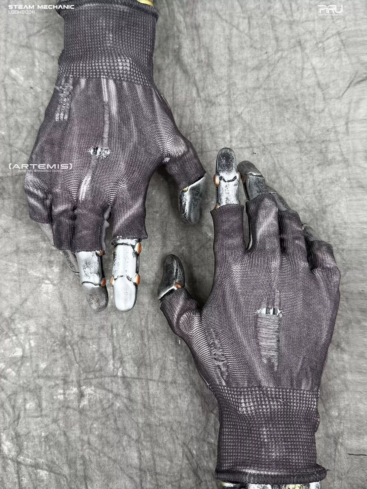 STEAM FUNCTION PRECISION CASTING distressed fingerless gloves in dust purple — overhead product view on display hands, showing uncoated distressed knit backs