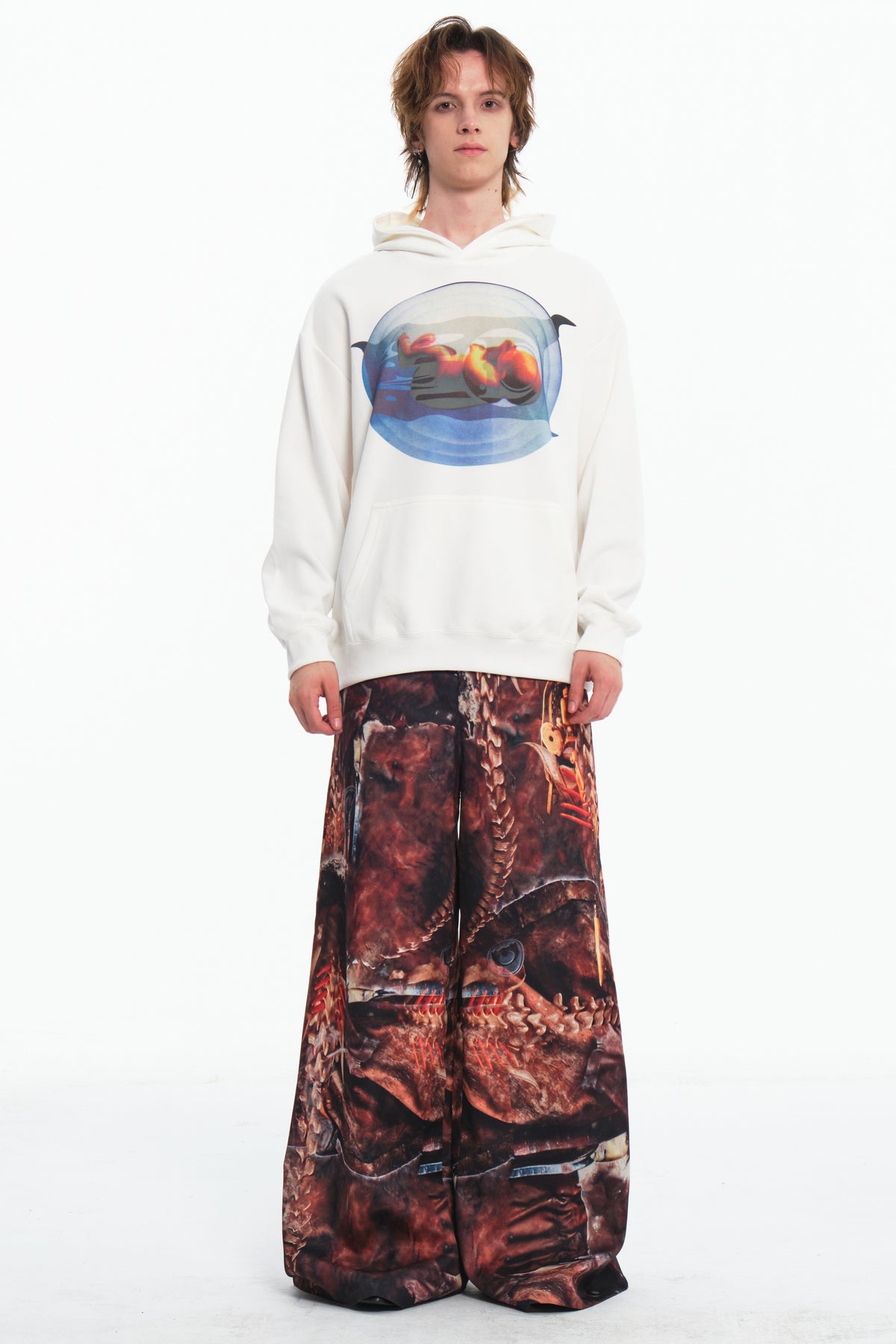 EMBRYO PLAN white graphic hoodie — rear modeled view