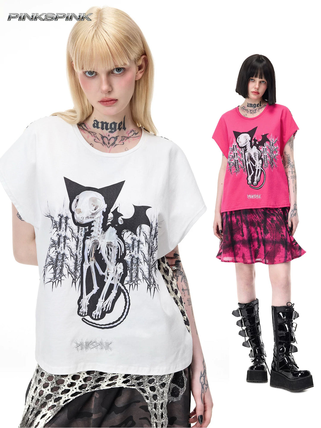 PINKSPINK DEVILCAT leopard-back graphic tee in white and pink — modeled collage of the cat-skeleton front graphic and loose silhouette