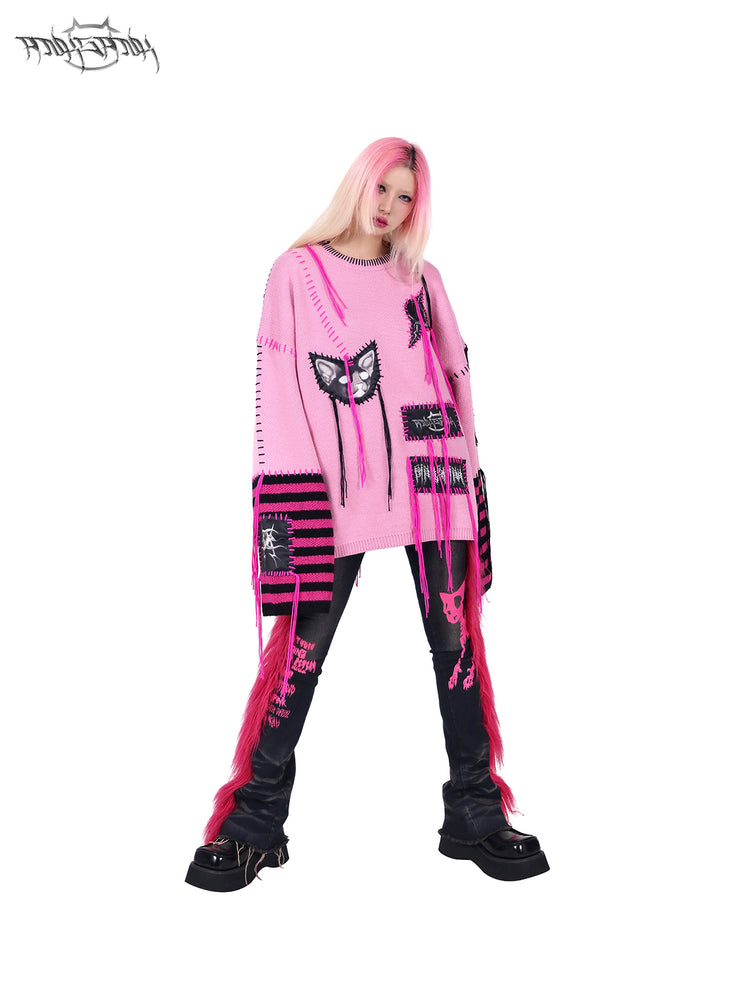 PINKSPINK BARBIE faux-fur flared jeans in PINK — wide-stance front view with a pink sweater.