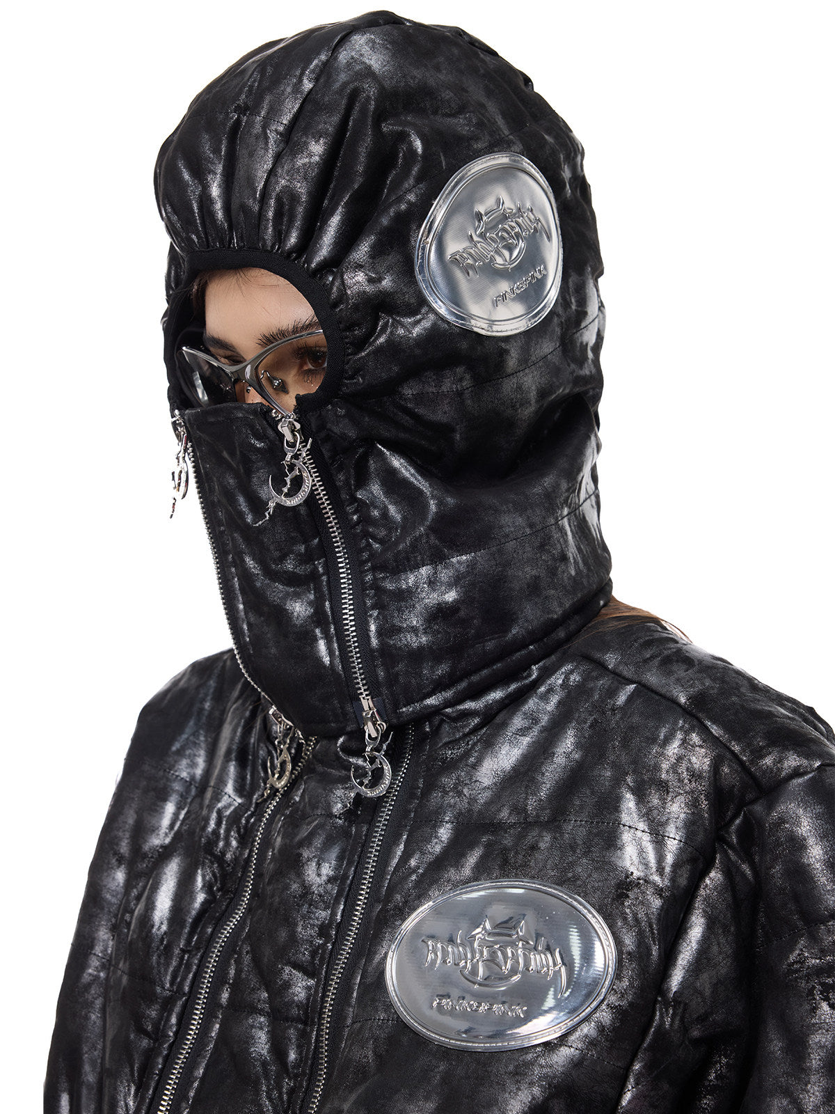 PINKSPINK ELECTRIC MOON metallic cropped puffer jacket — collar detail styled with a separate matching hood