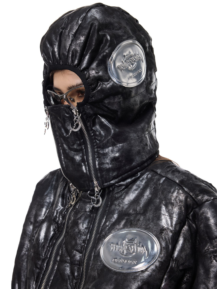 PINKSPINK ELECTRIC MOON metallic cropped puffer jacket — collar detail styled with a separate matching hood