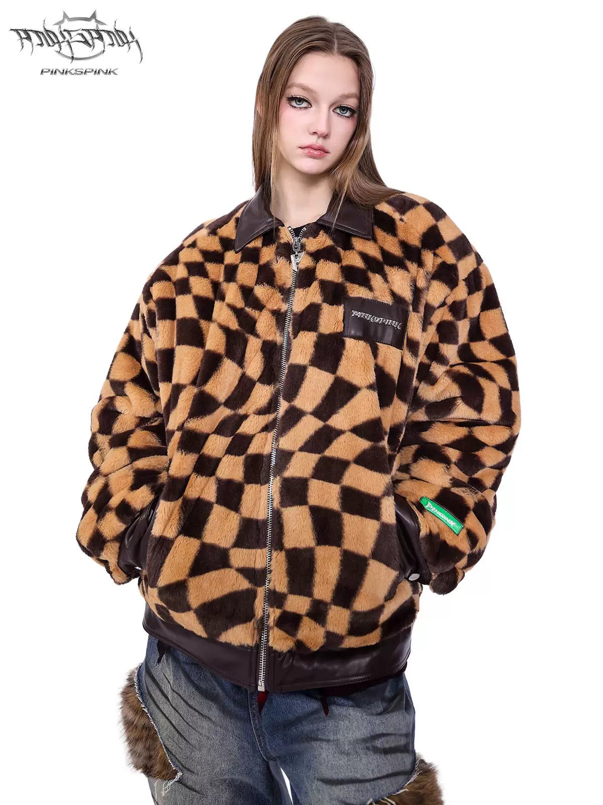 PINKSPINK WARPED checkerboard padded faux-fur jacket — caramel brown checkerboard jacket — close front modeled view