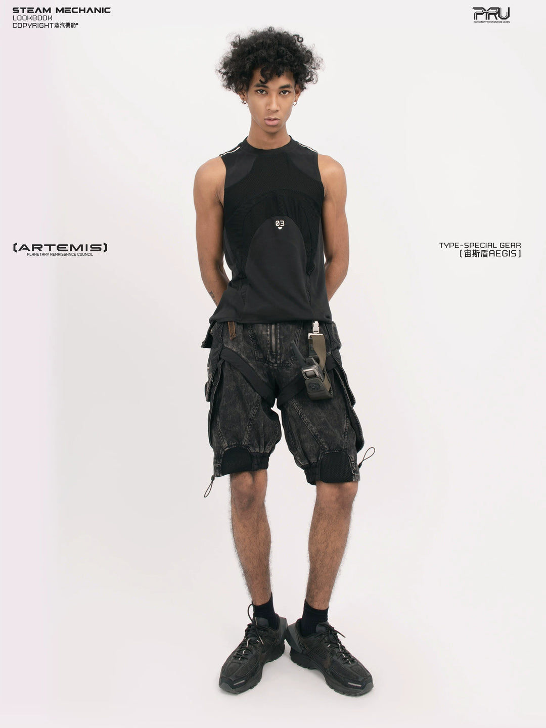 AEGIS blackbird black distressed mesh tank — rear modeled view