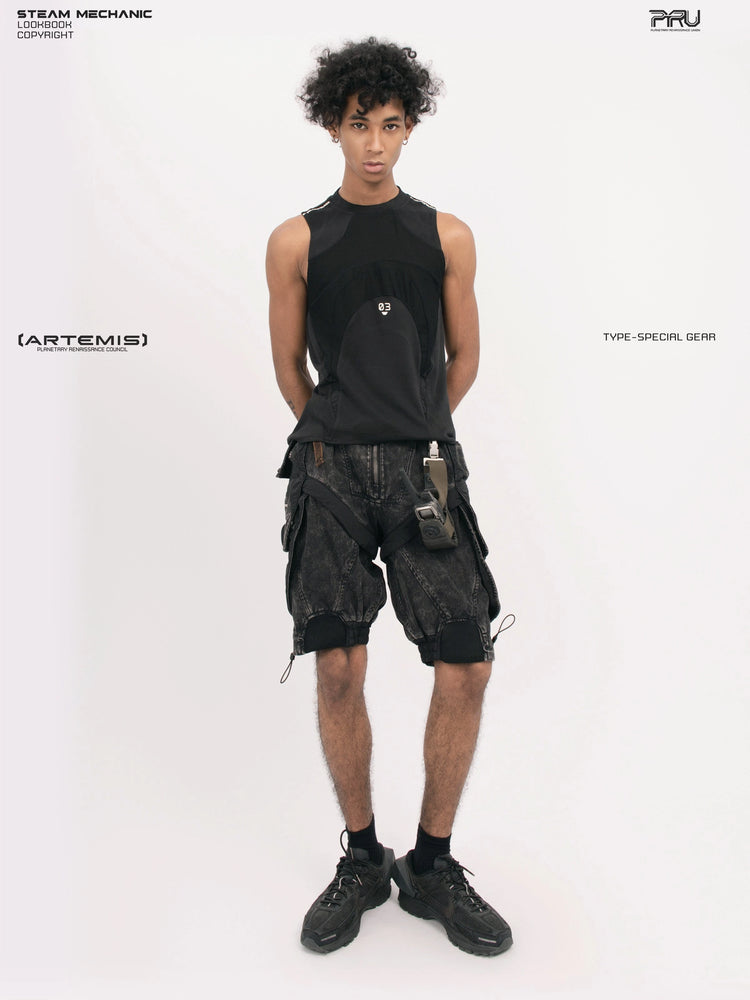 AEGIS blackbird black distressed mesh tank — full-length front modeled view with hands behind back