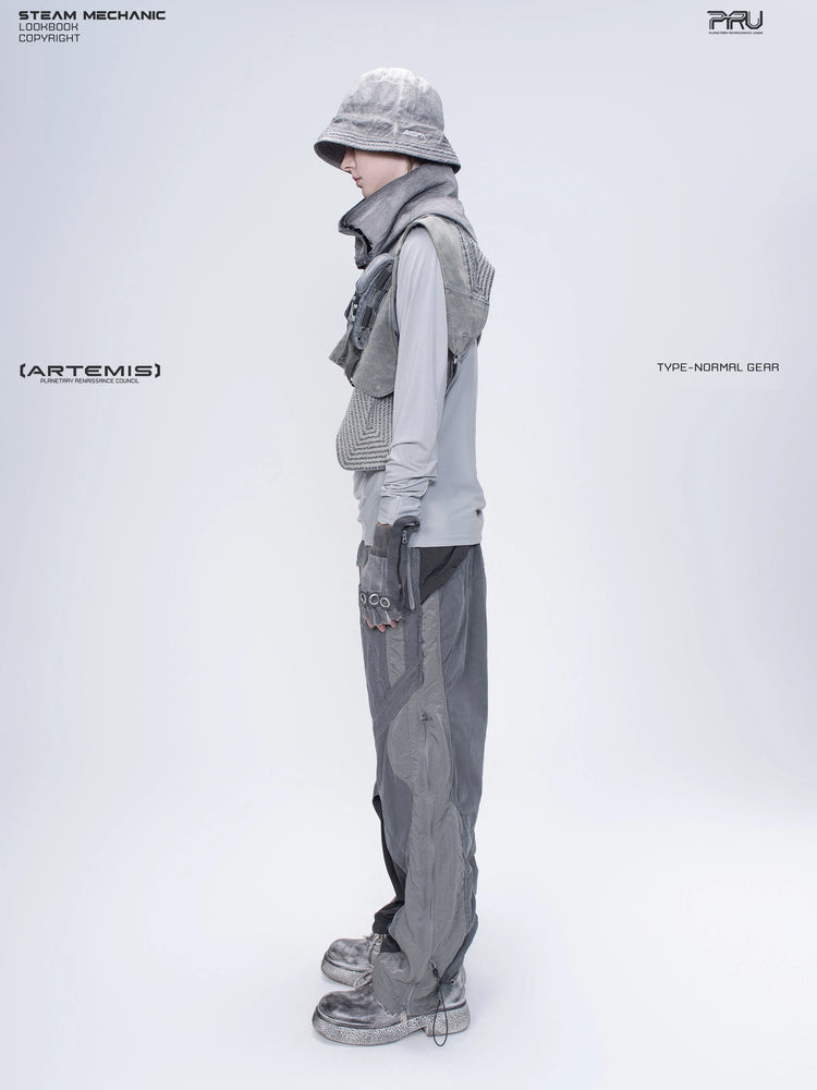 ARTEMIS moon dust gray stretch technical base-layer top — side full-length styling view with a separate utility vest
