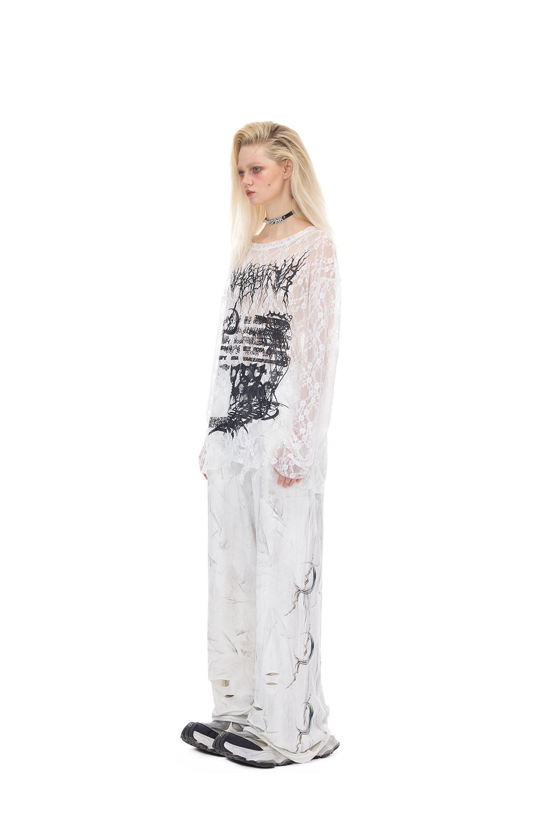 PINKSPINK ELECTRIC MOON thorn-cat distressed lace layering tee — cleaned hero collage showing the complete design