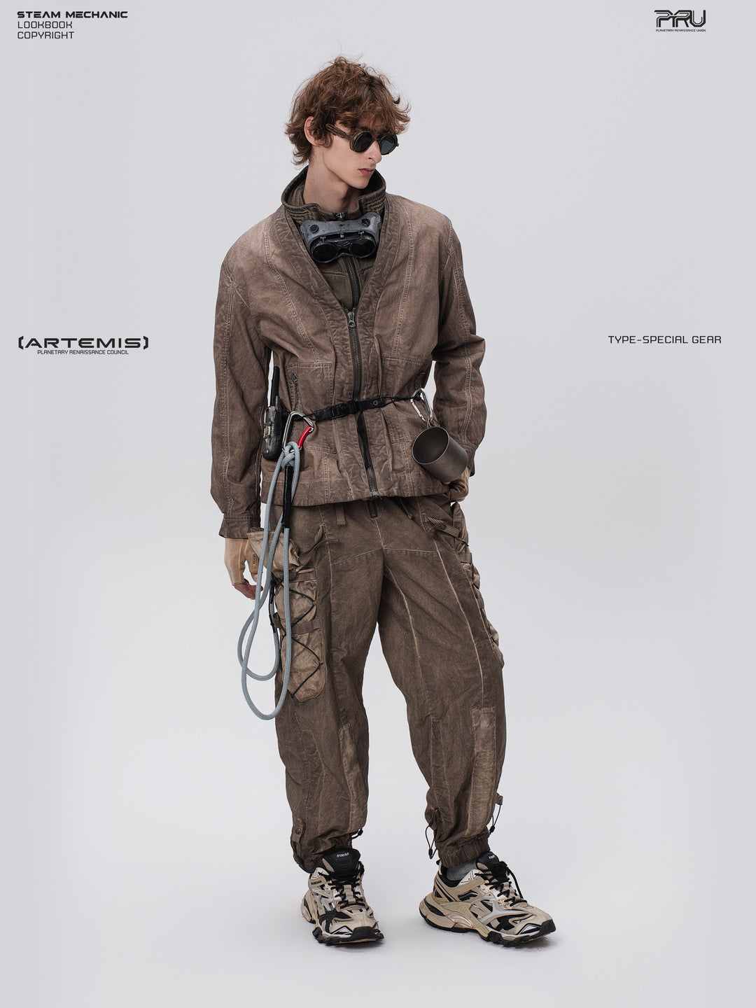 PIONEER gravel brown detachable-waist-bag work pants — full-length front view with one hand in a pocket