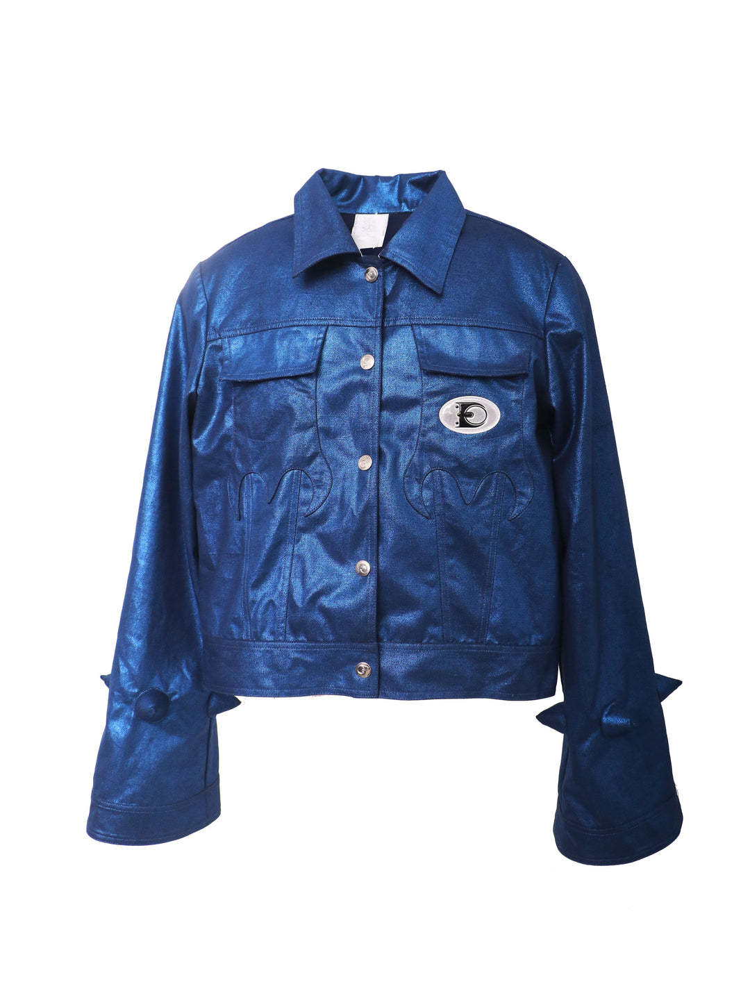 EMBRYO BLUE SPIKE metallic bell-sleeve jacket — blue front garment-only view showing button fastening, curved applique and spiked bell cuffs
