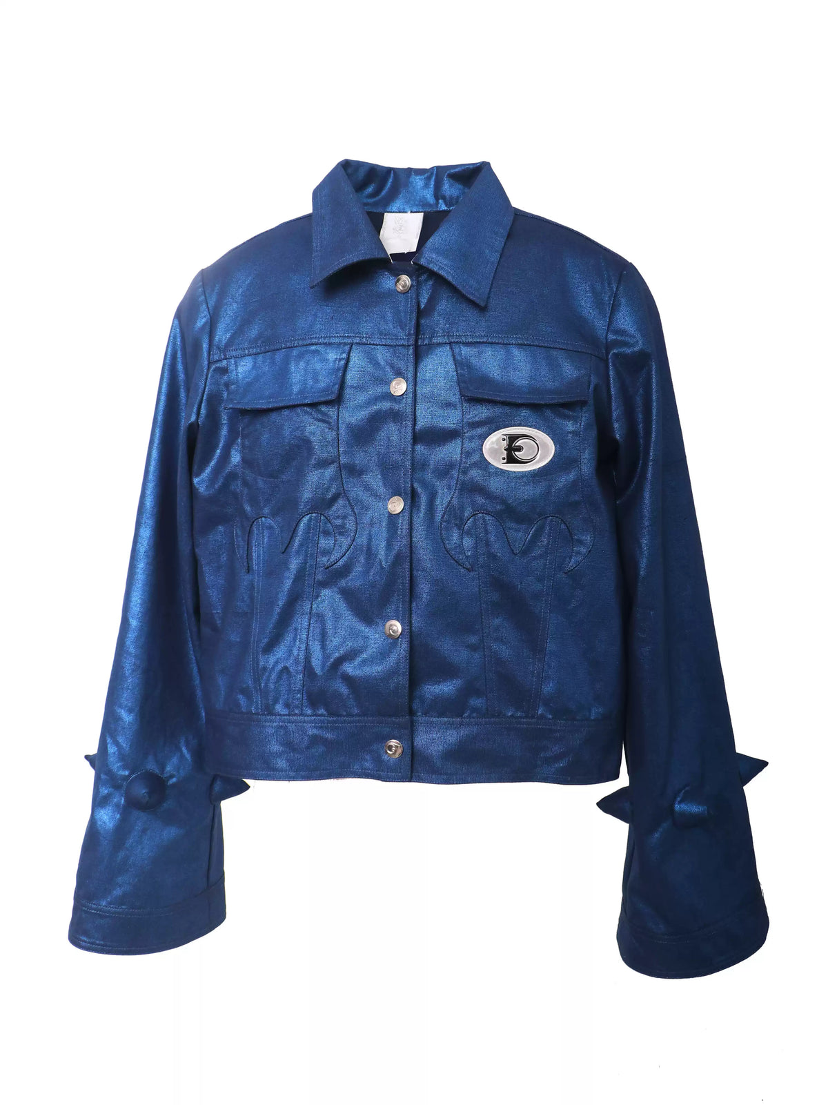 EMBRYO BLUE SPIKE metallic bell-sleeve jacket — construction detail