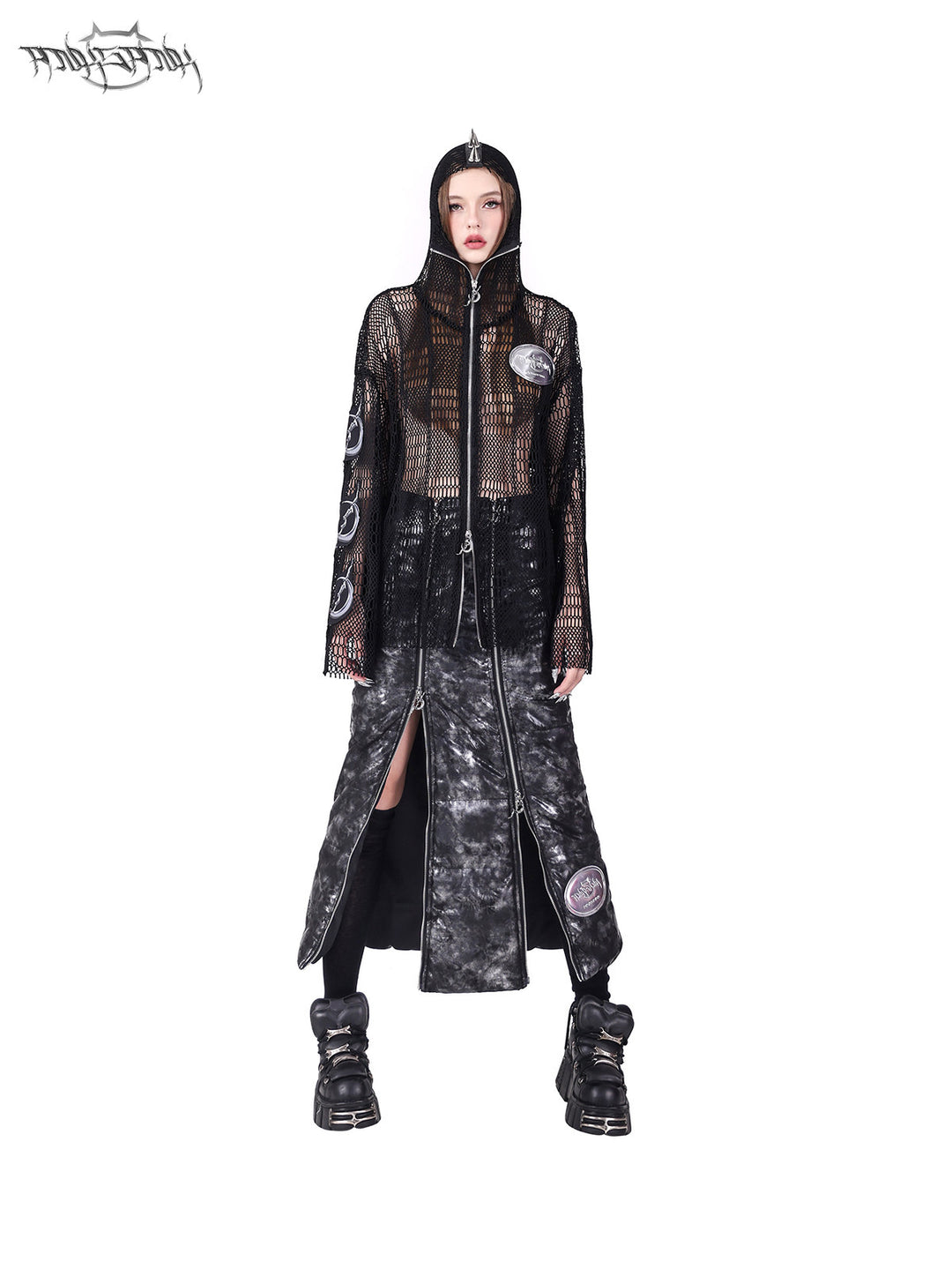 PINKSPINK ELECTRIC MOON spiked open-mesh zip hoodie in black — front full-length modeled view styled with a zip-panel skirt