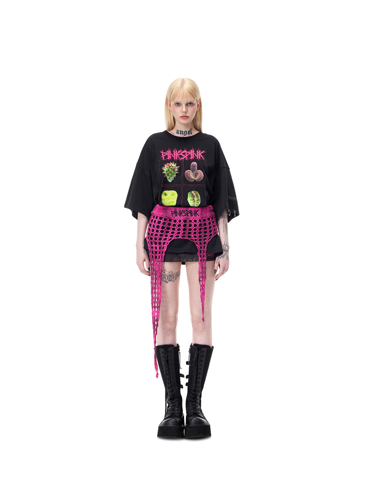 PINKSPINK THORNSTAR open-knit layering skirt in hot pink — straight-on full-length front modeled view of the open-knit waistband and long points