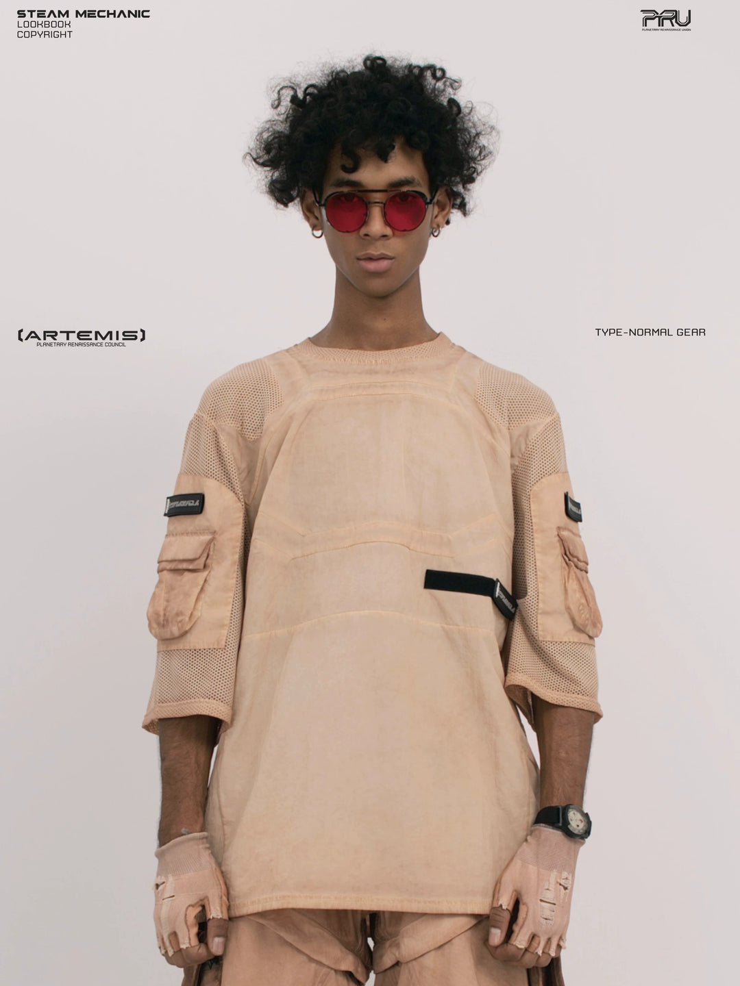 STARCORE soft dawn orange velcro mesh tee — front three-quarter modeled view with arms lowered