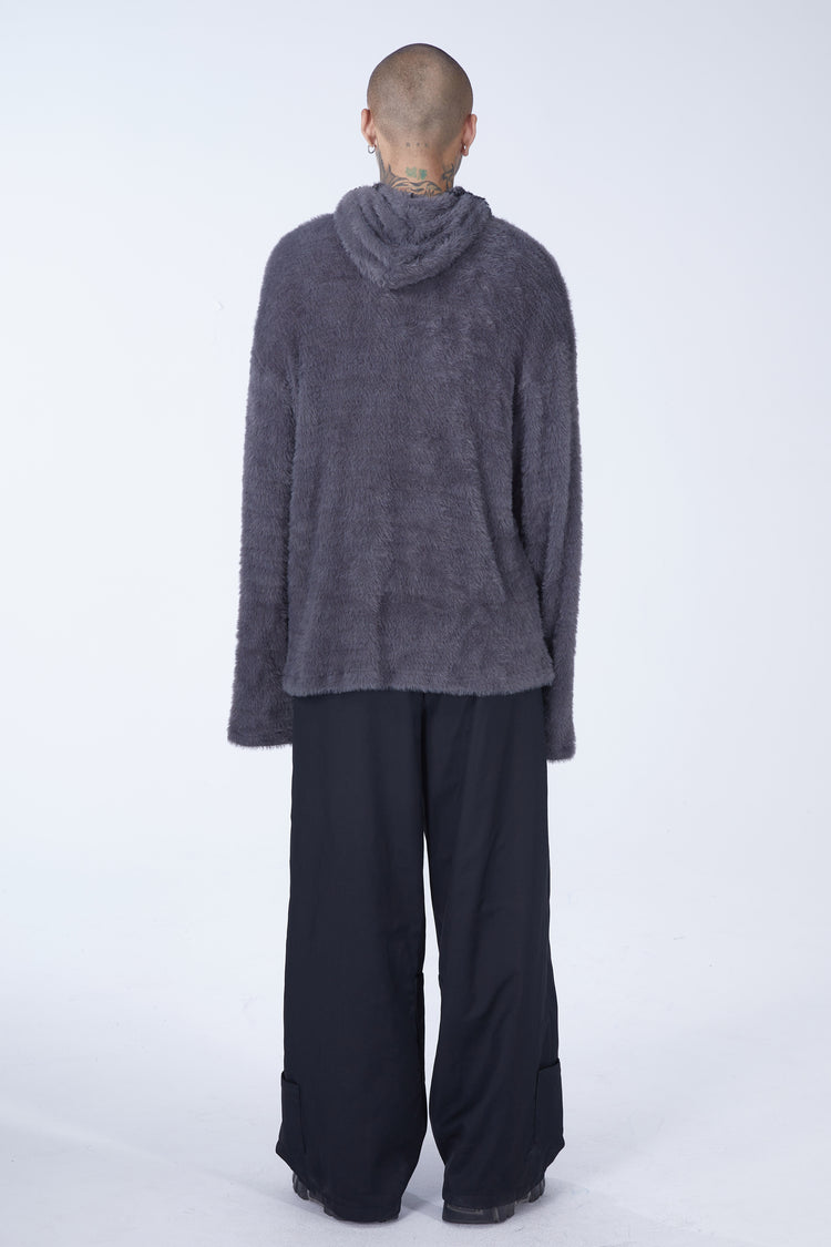 EMBRYO FUR COLLAR oversized plush sweatshirt — full-length modeled view
