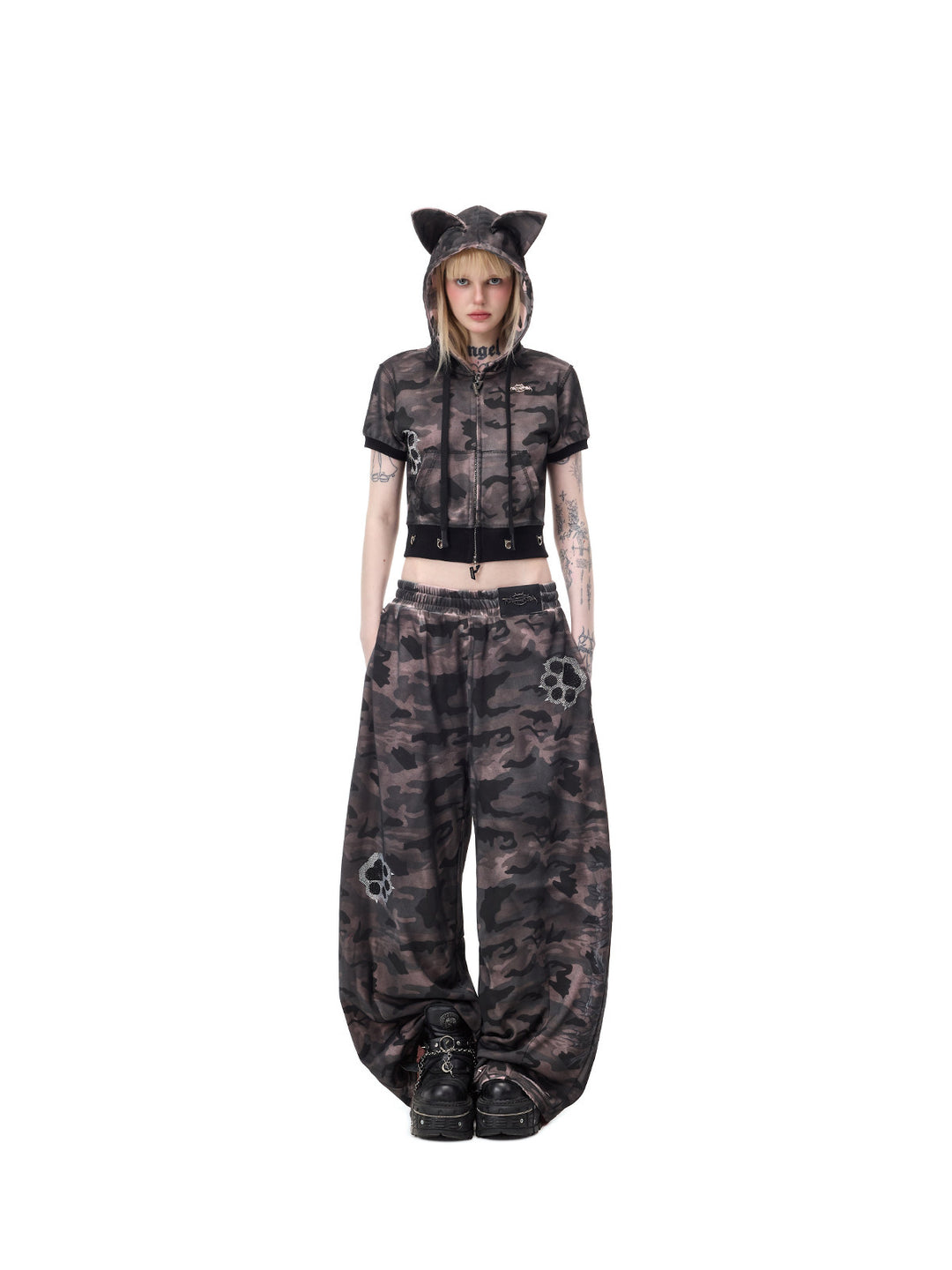 PINKSPINK CATPAW rhinestone curved-leg sweatpants in gray-brown camouflage — centered full-length front outfit view repeated in the hero collage