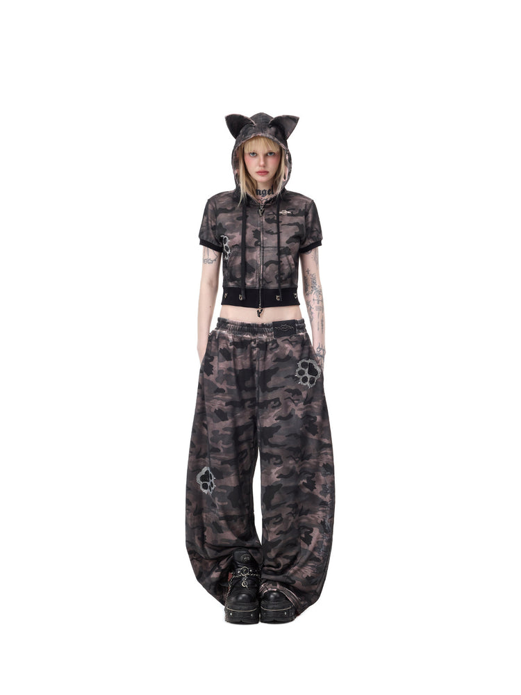 PINKSPINK CATPAW rhinestone curved-leg sweatpants in gray-brown camouflage — centered full-length front outfit view repeated in the hero collage