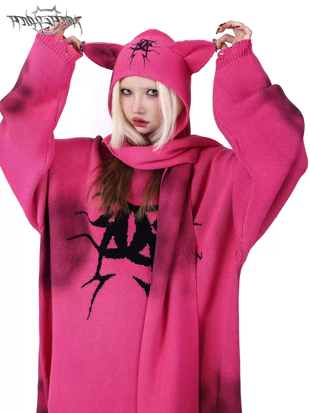 PINKSPINK SPHYNX cat-ear hooded scarf — close modeled view highlighting the construction