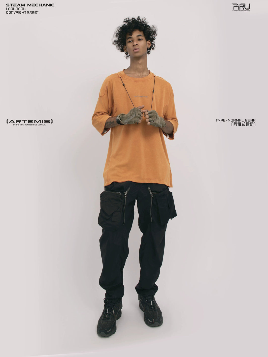 LIGHTSHADOW eclipse orange deconstructed technical tee — front modeled product view