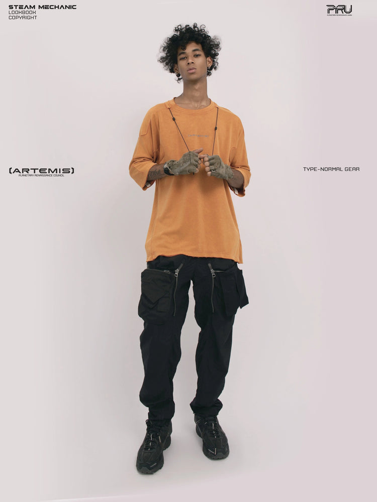 LIGHTSHADOW eclipse orange deconstructed technical tee — full-length front view holding drawcords