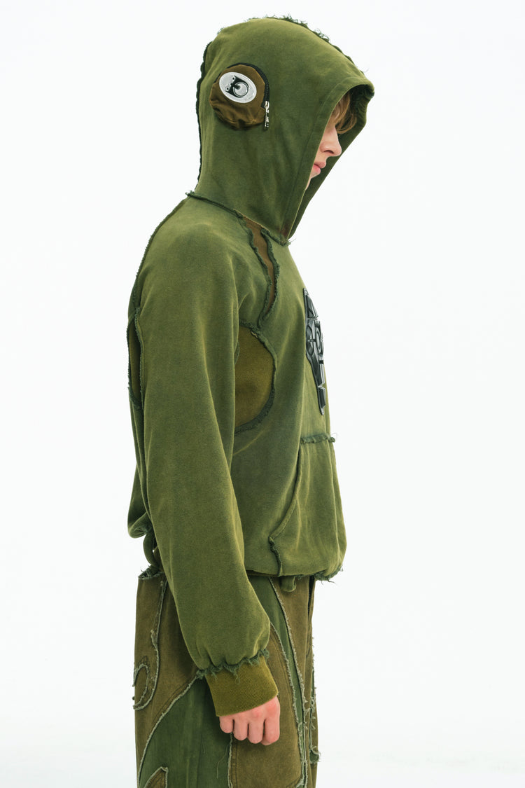 EMBRYO GREEN GUARD distressed armor hoodie — rear modeled view
