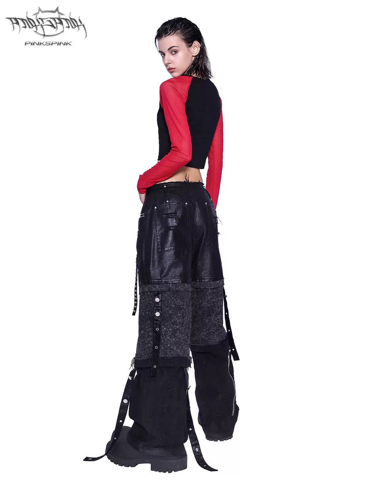 PINKSPINK SPHYNX red mesh-sleeve cropped graphic tee — black and red cropped tee — rear three-quarter modeled view