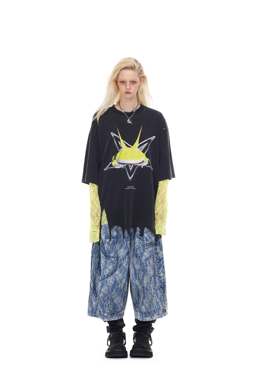 PINKSPINK ELECTRIC MOON lace-coated wide-leg denim shorts in blue — full-length front modeled view with a graphic tee and yellow lace sleeves