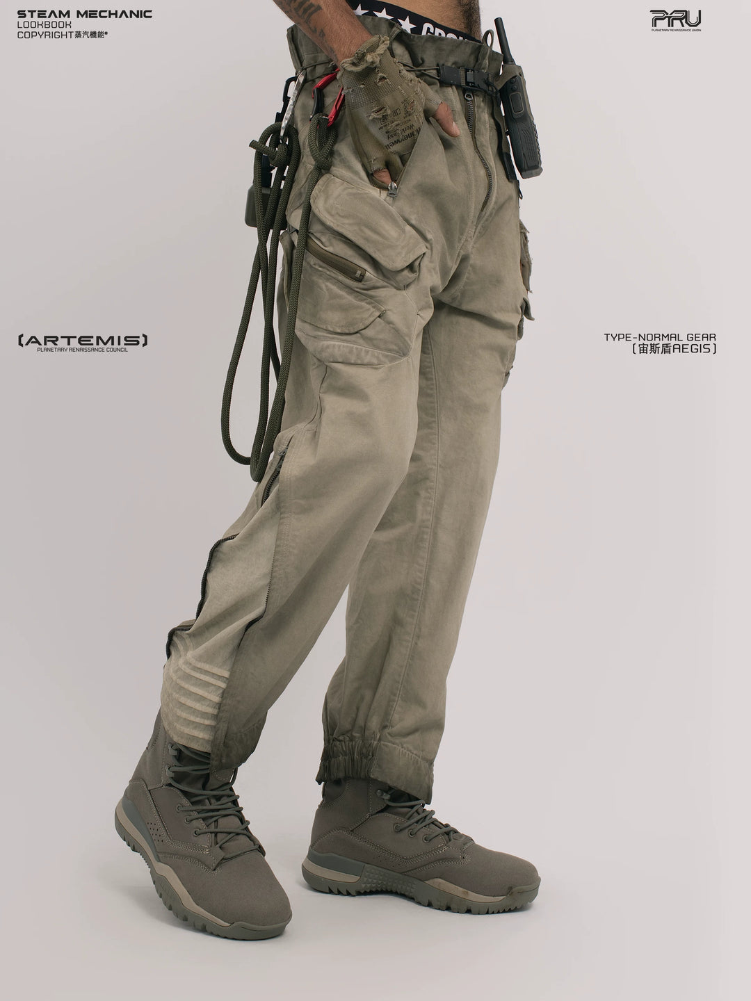 AEGIS lunar soil teal multi-pocket moto pants — construction detail