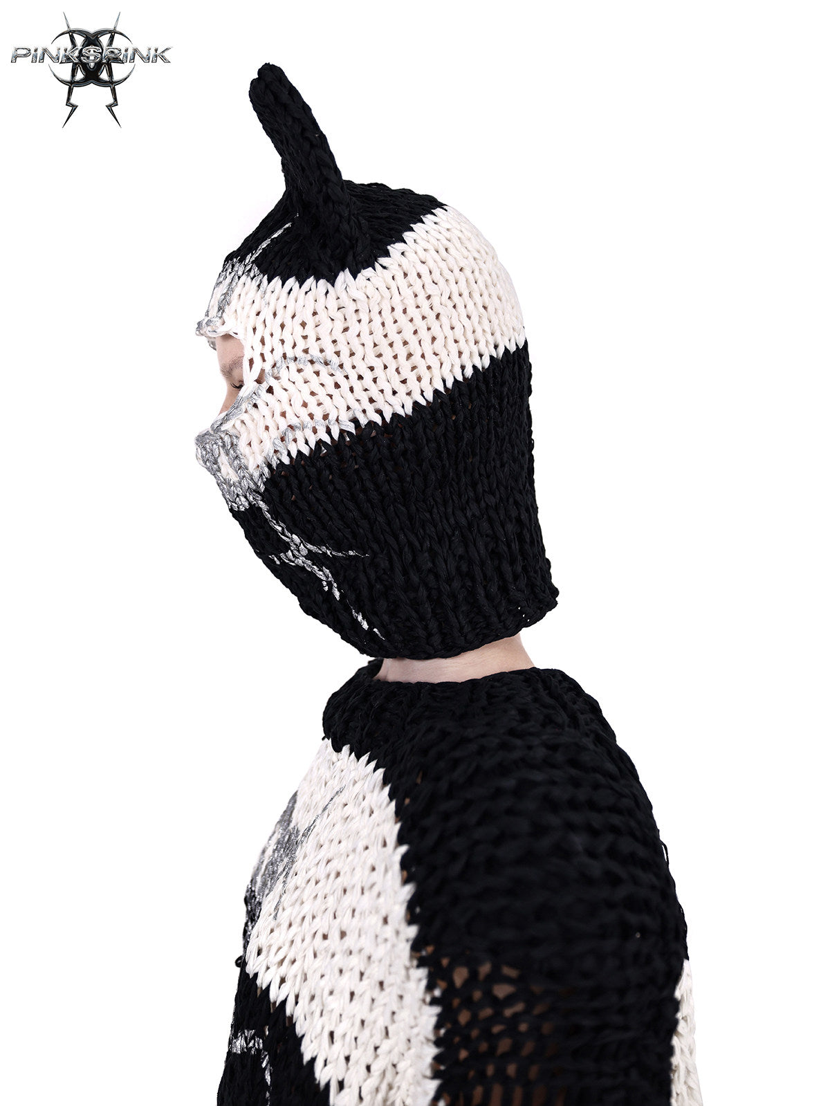 PINKSPINK MIRROR striped cat-ear knit balaclava in black white stripes — profile modeled close-up of the eye opening and cat ears
