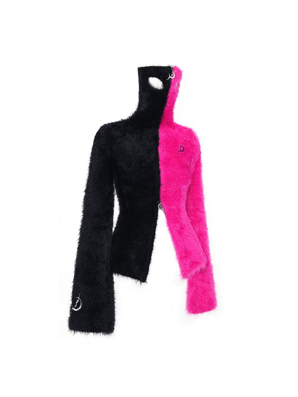 PINKSPINK ELECTRIC MOON split-color balaclava zip sweater — front garment-only view showing the split pink and black design