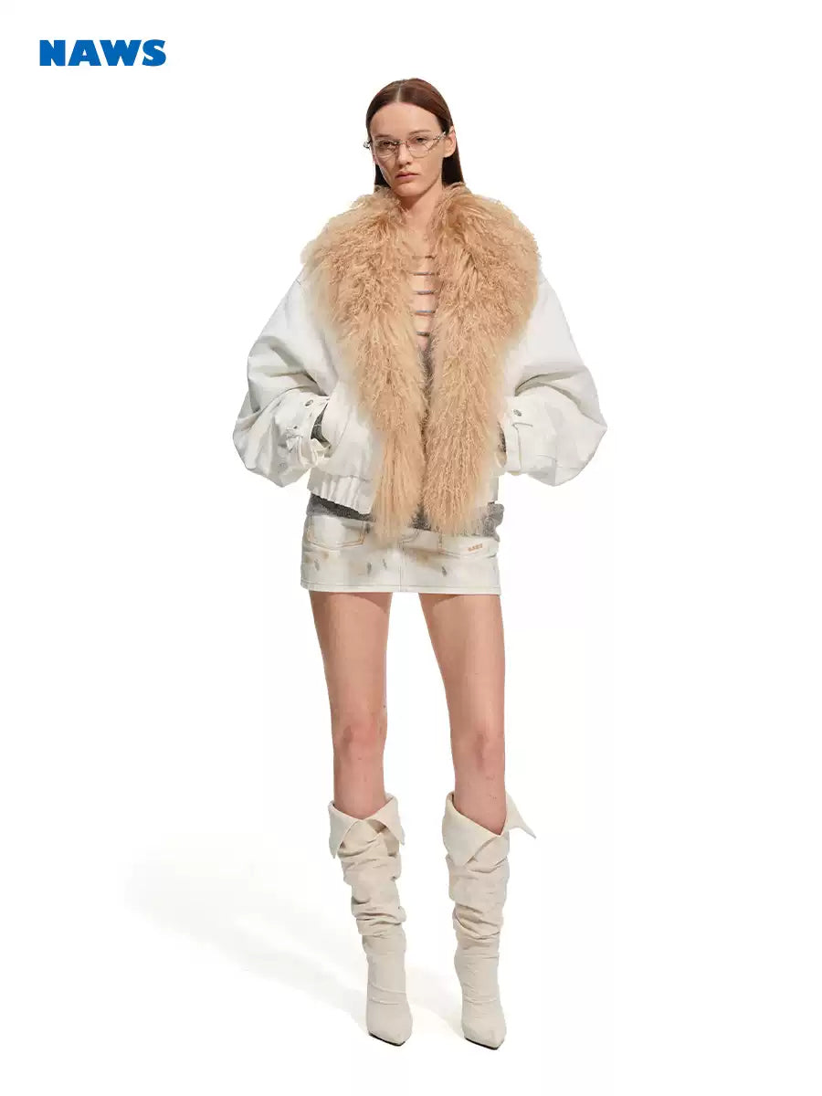 NAWS ARCTIC shearling-collar padded denim jacket — modeled front styling view