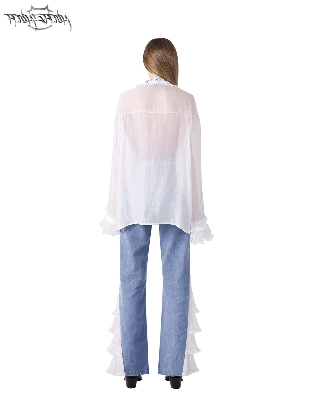 PINKSPINK FAIRY lace-trim sheer blouse — back full-length modeled view styled with jeans