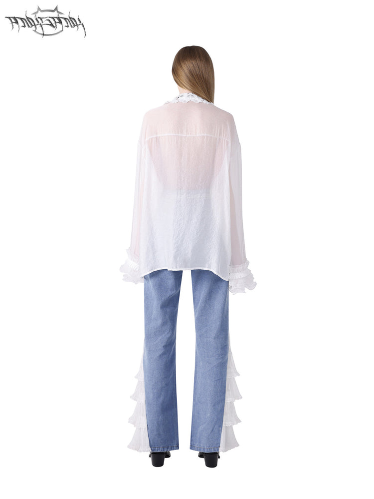 PINKSPINK FAIRY lace-trim sheer blouse — back full-length modeled view styled with jeans