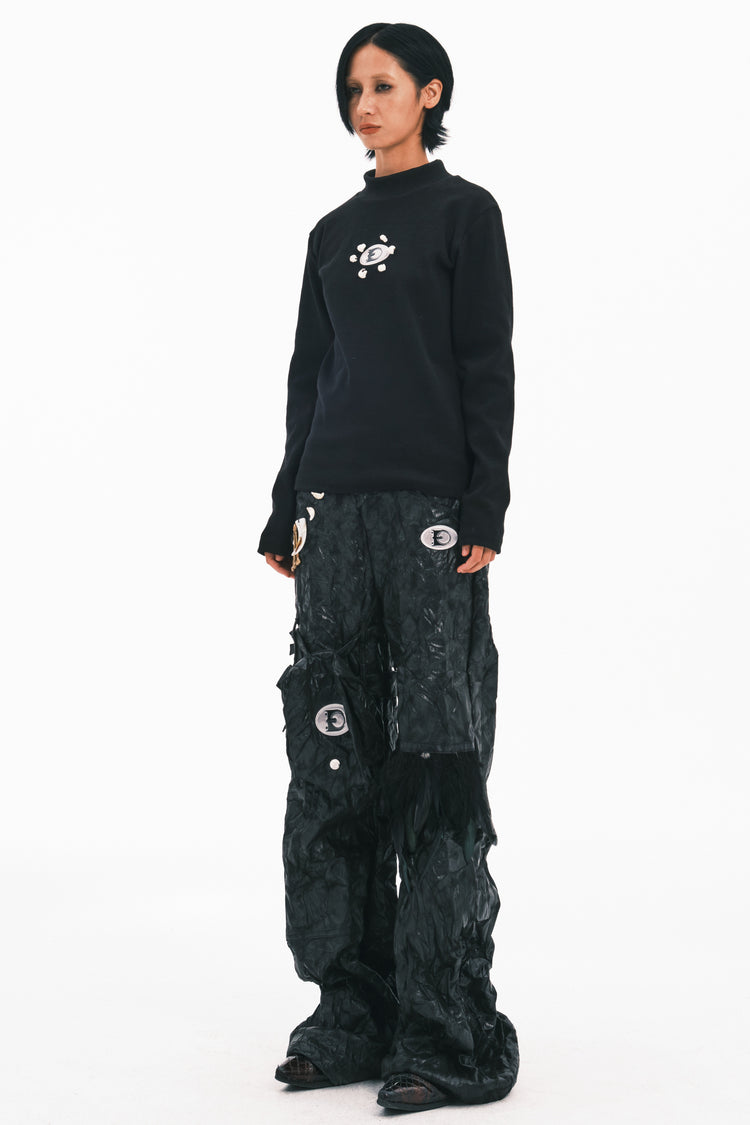 EMBRYO FEATHER LEG detachable-pouch flare pants — product-only front view