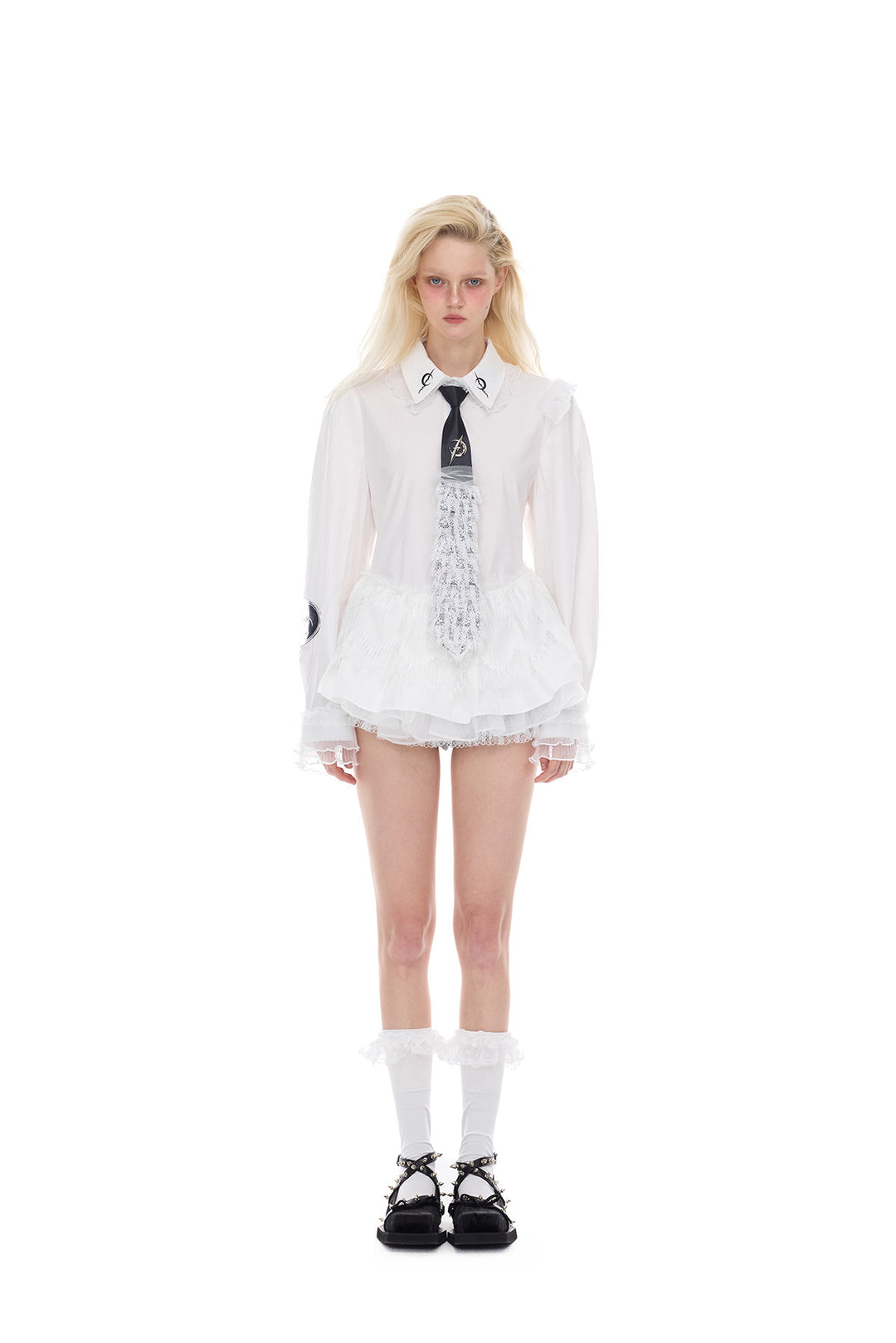 PINKSPINK ELECTRIC MOON punk-ballet lace tie — alternate modeled view showing the silhouette