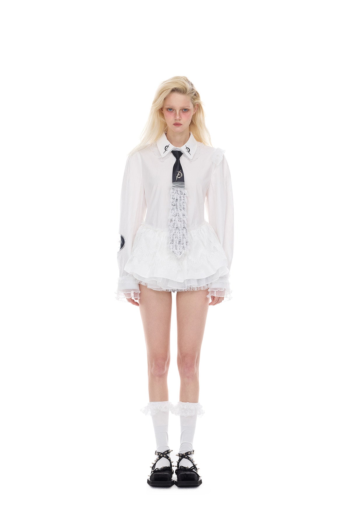 PINKSPINK ELECTRIC MOON punk-ballet lace tie — alternate modeled view showing the silhouette