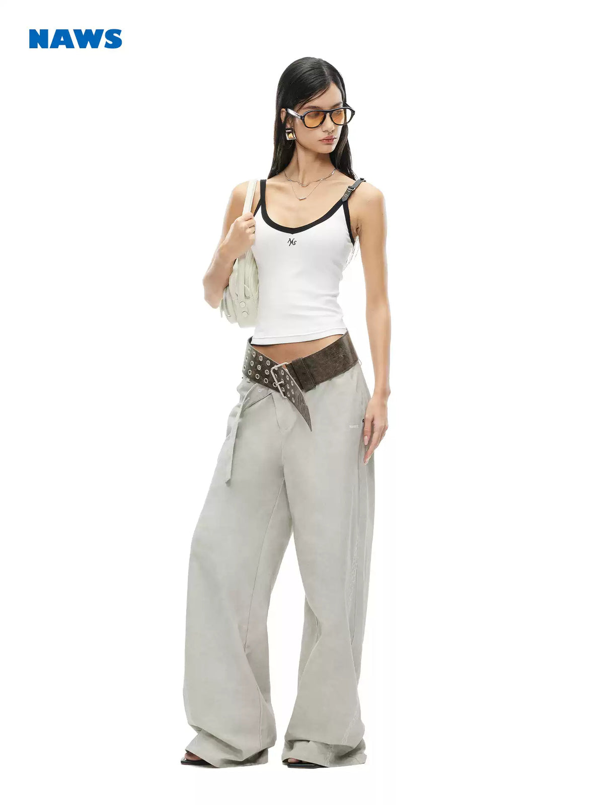 NAWS MONA leather-belt camisole — modeled front styling view