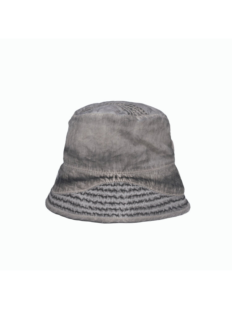 PIONEER distressed nylon bucket hat in moon dust gray — back garment-only view