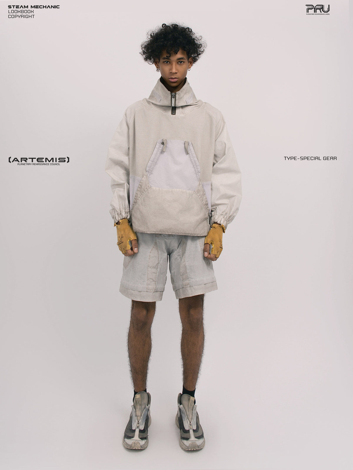 PIONEER eris white detachable-pocket utility hoodie in eris white — front modeled view styled with light shorts